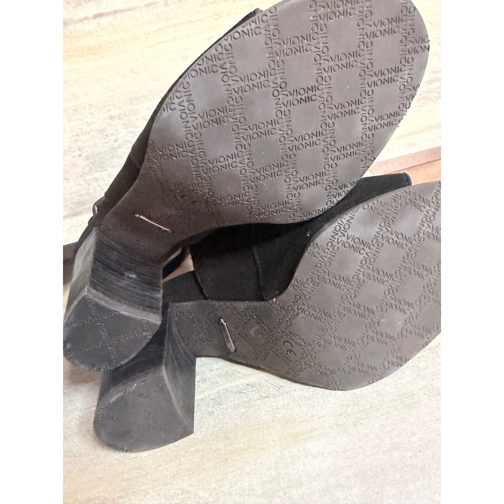 Vionic Blakely Black Suede Open Peep Toe Block Heel Booties Sandals Womens 7